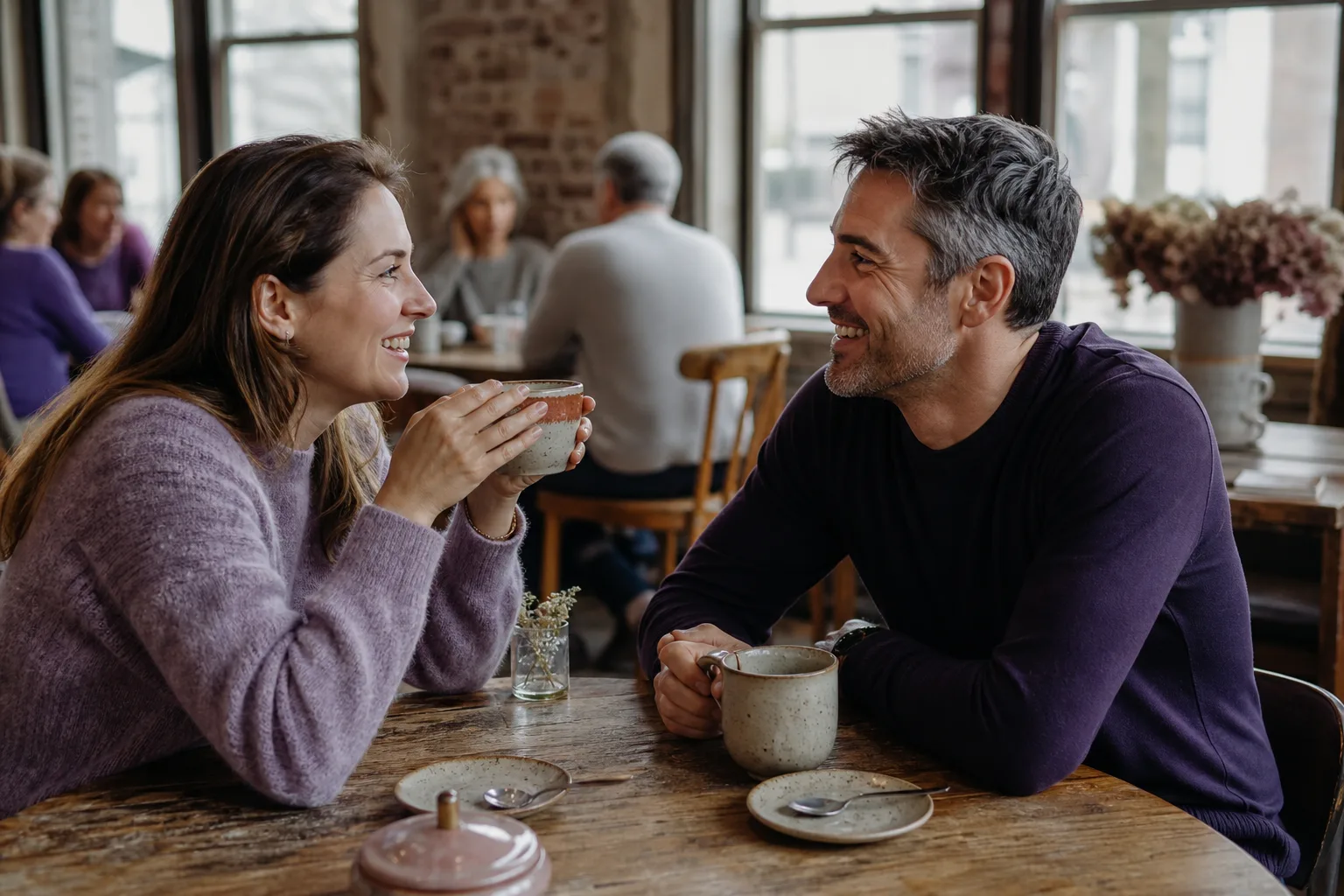 Two people meeting for coffee in a busy Staffordshire cafe