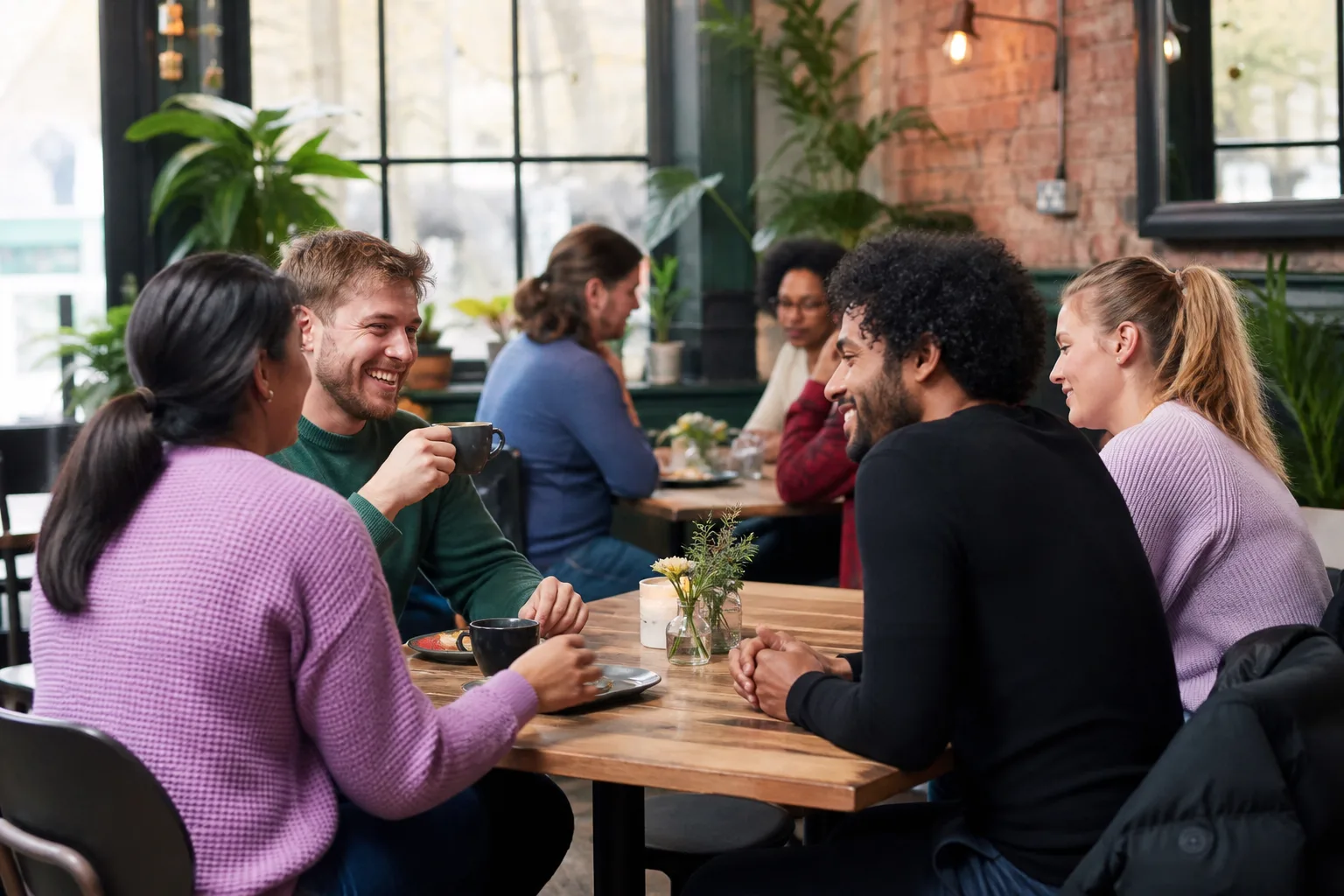 Adults chatting during a relaxed social gathering in Stoke-on-Trent