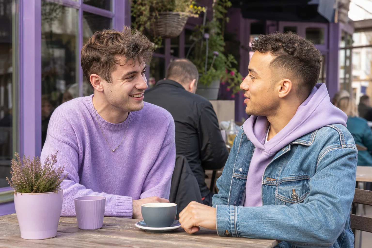 Two men talking over coffee in Stoke-on-Trent