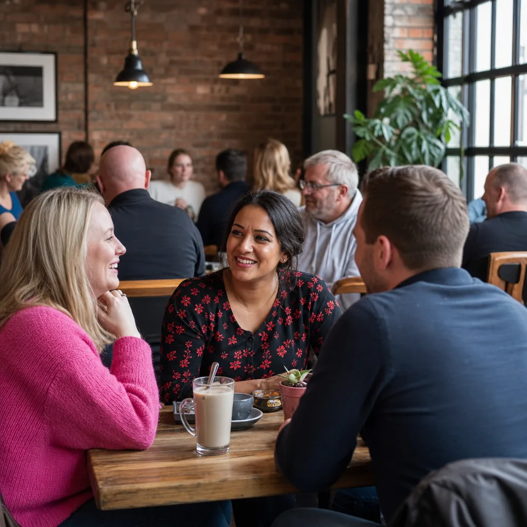Visitors talking beside ceramic displays at a Stoke-on-Trent cultural venue