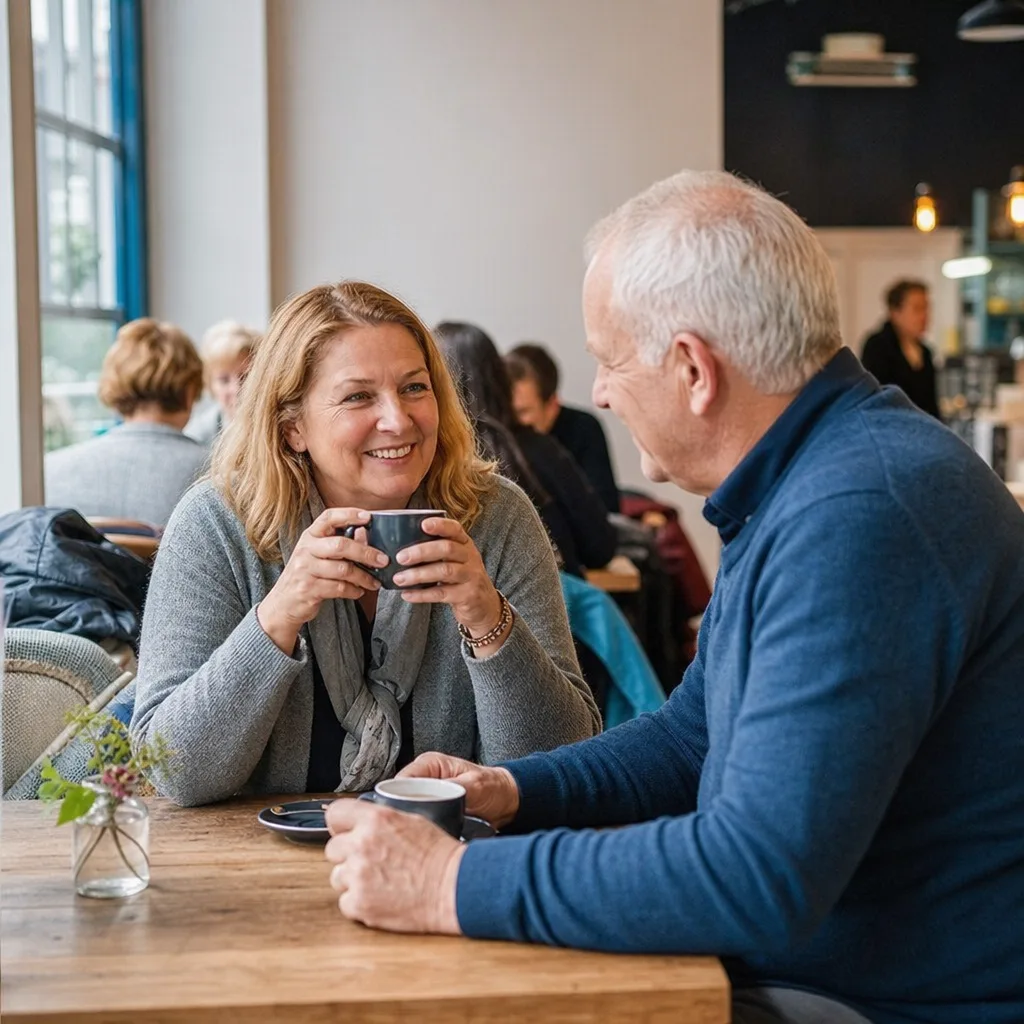 Mature couple meeting at a busy Staffordshire café